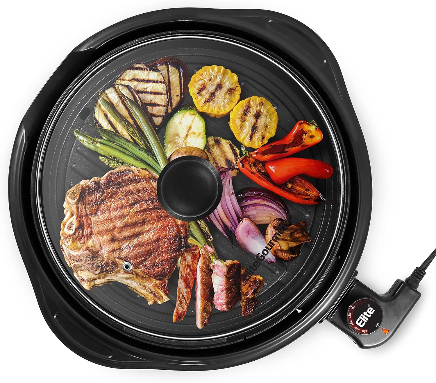 Elite GourmetSmokeless Electric Tabletop Grill Nonstick,Serving, Dishwasher Safe Removable Grilling Plate, Grill Indoor, Tempered Glass Lid, Adjustable Temperature
